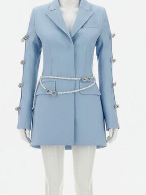 Mach & Mach Women's Blue Bow And Pearl Blazer Jacket Wool Mini Dress Size 6